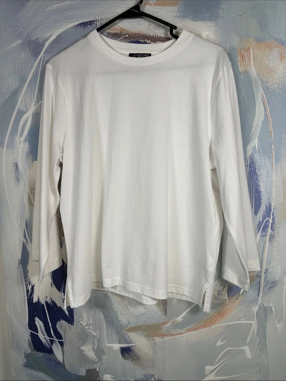 J.Crew White Long 3/4 Sleeve Crewneck Cotton T-Shirt Side Slit Hem Size S